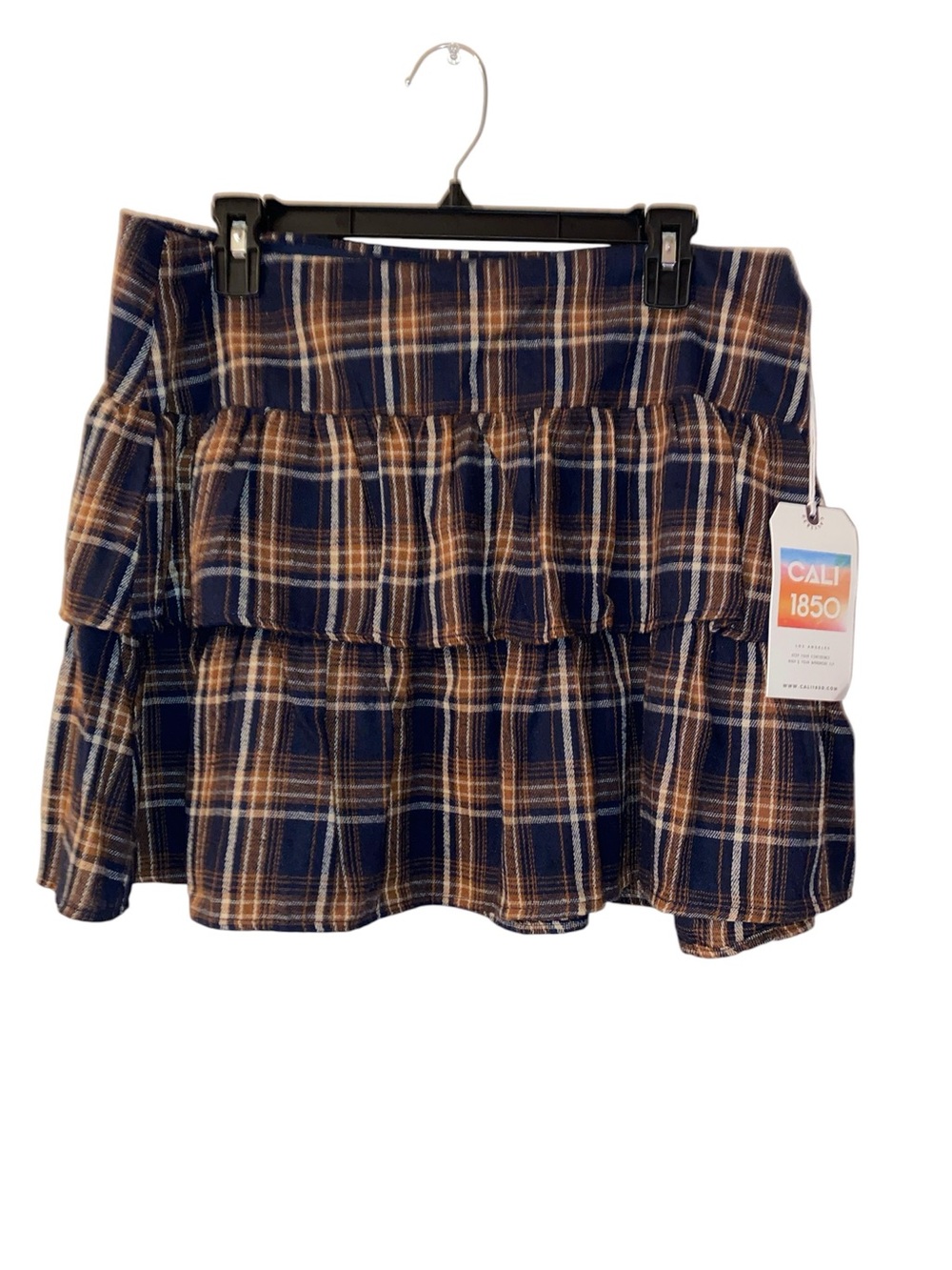 CALI 1850 Navy & Brown Plaid Tiered Mini Skirt